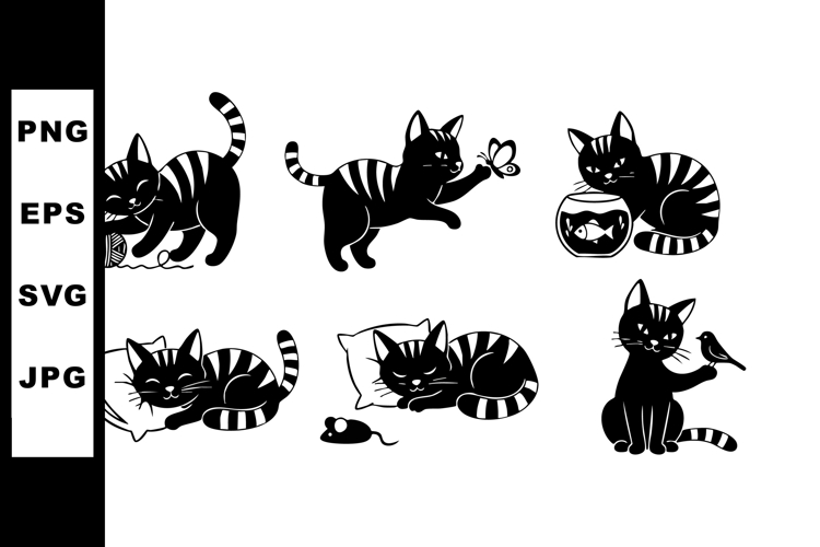 Playful black striped cat illustrations with butterfly fishb