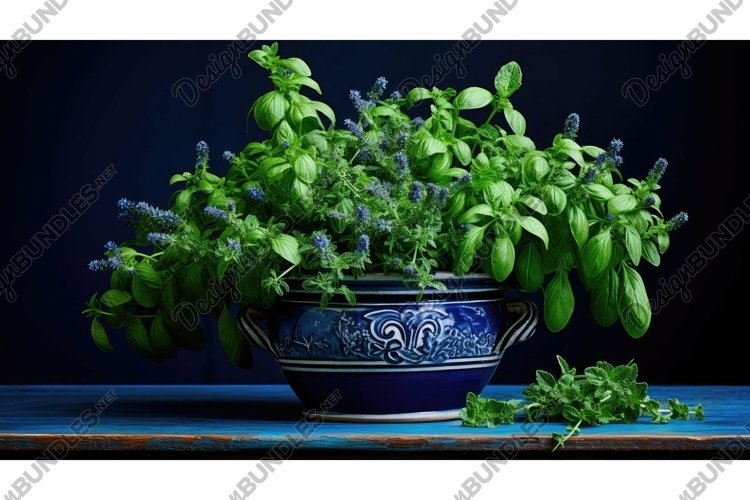 pot fresh herbs on dark blue example image 1