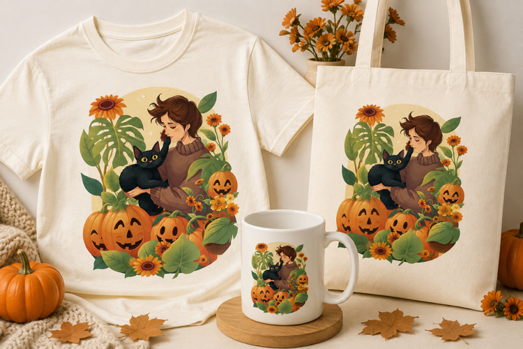 Woman with Black Cat Halloween PNG | Pumpkin Patch Clipart
