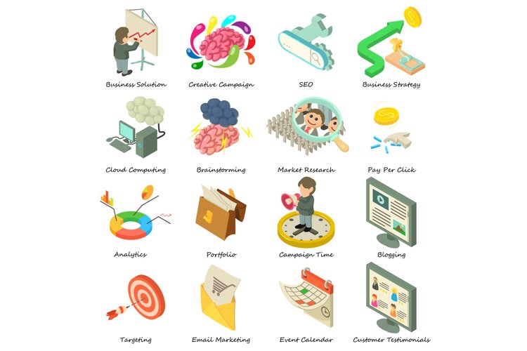 Business icons set, isometric style