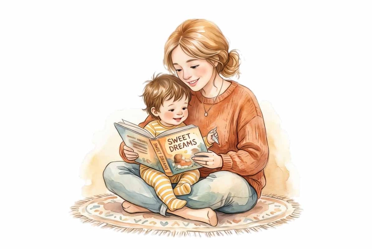 Watercolor illustration of mother reading book to child