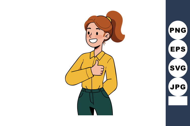 Woman with thumbs up gesture smiling in yellow shirt and gre
