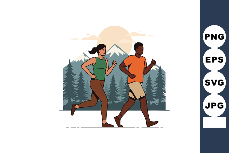 Active young man and woman running outdoors in nature with m