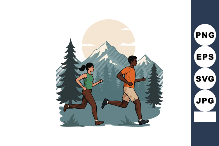 Outdoor running couple jogging in mountain forest landscape