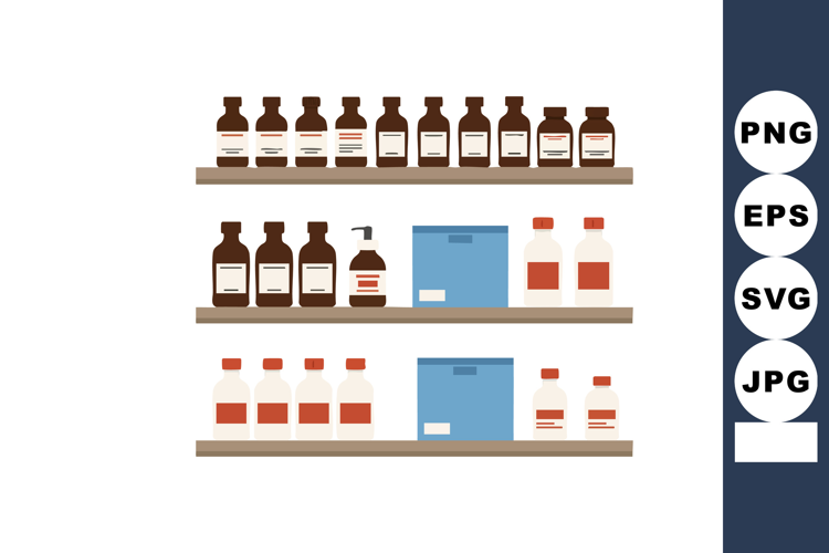 Medicine bottles and pharmaceutical containers organized on