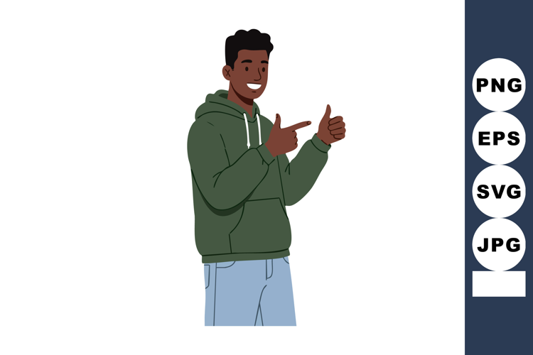 Young man in green hoodie smiling and gesturing thumbs up wi