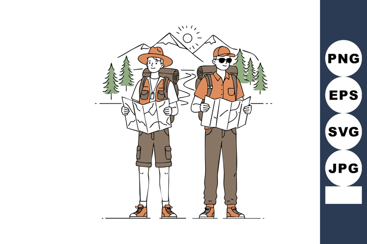 Two hikers exploring nature with backpacks and maps in mount