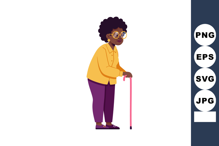Elderly woman with walking cane dressed in yellow shirt and
