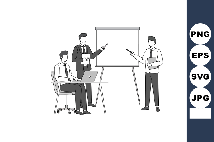 Businessmen discussing presentation ideas with laptop and fl