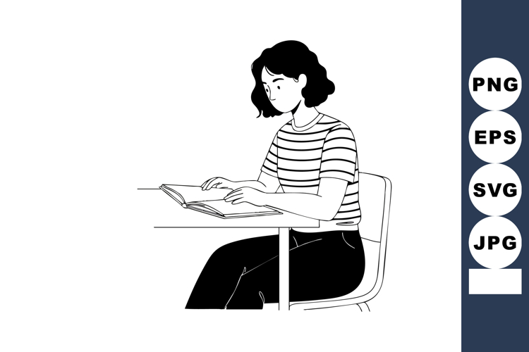 Young woman reading book at desk in casual striped shirt bla