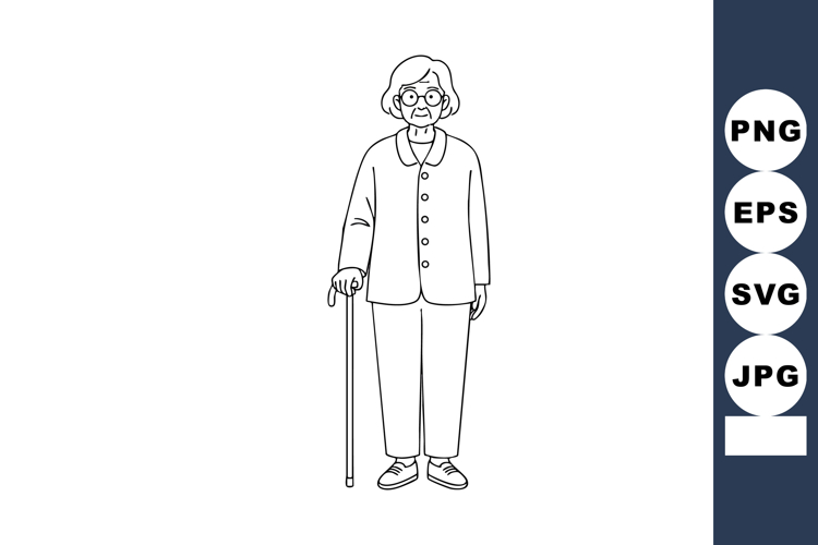 Elderly woman standing with walking cane black and white lin