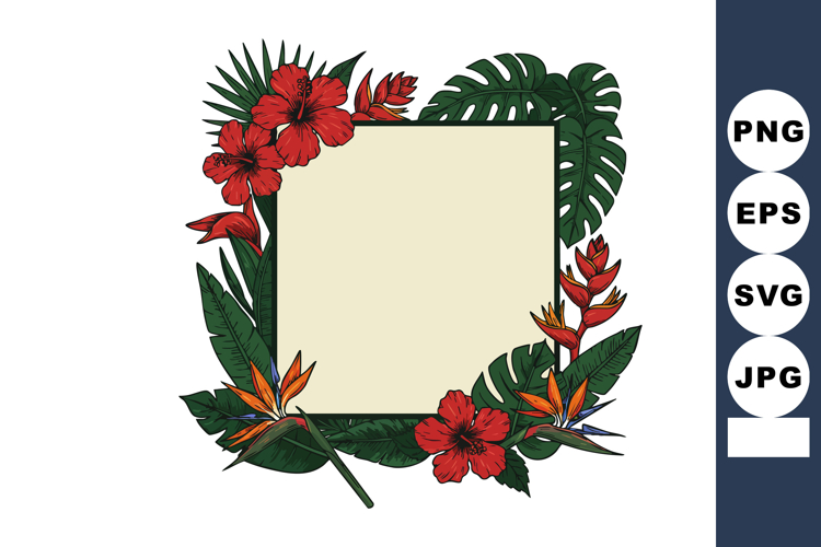 Tropical floral frame with red hibiscus and exotic birds of
