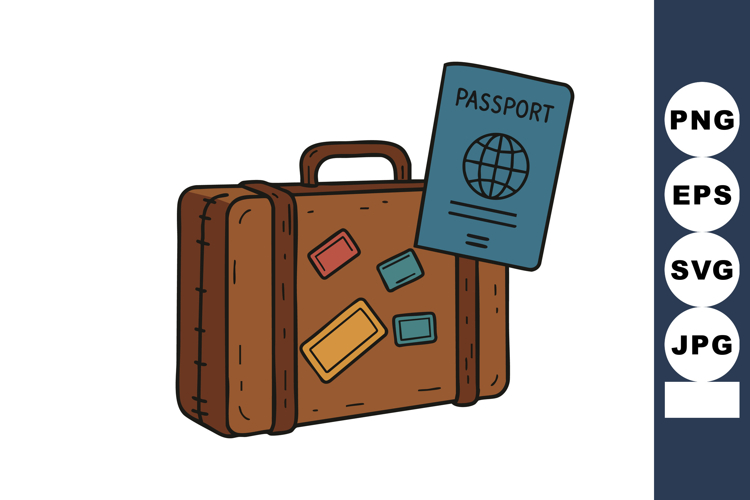 Brown suitcase with travel stickers and passport illustratio