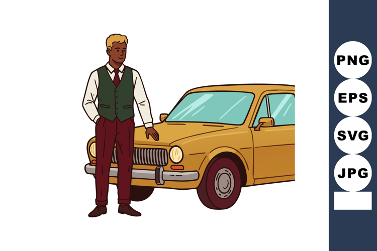 Man standing next to vintage yellow car dressed in formal at