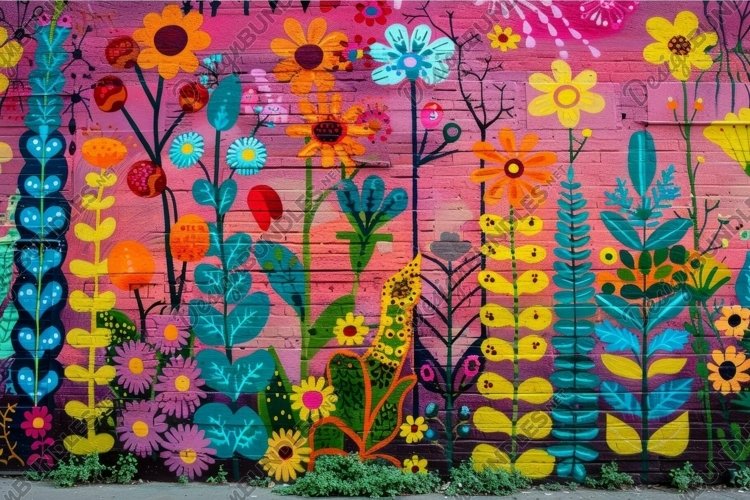 Vibrant street art mural of colorful garden