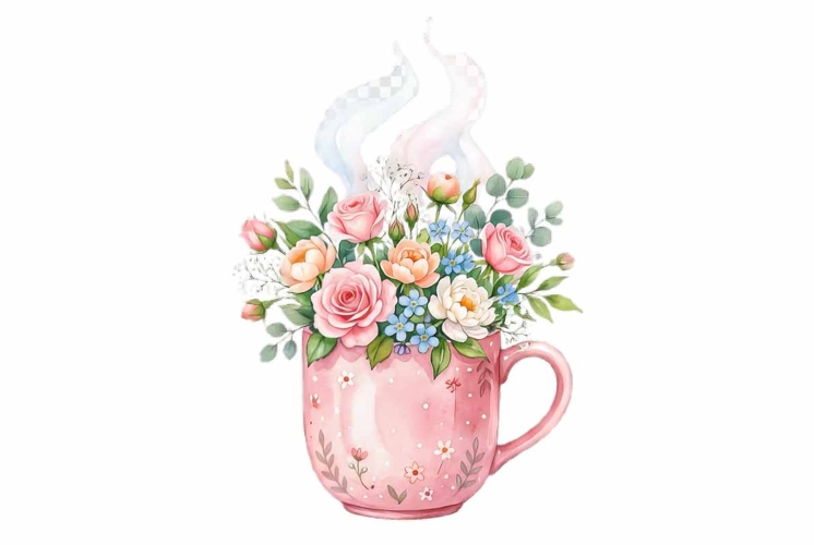 Watercolor teacup with pink floral clipart