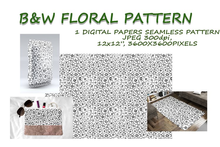 B&W floral seamless pattern, digital paper example image 1