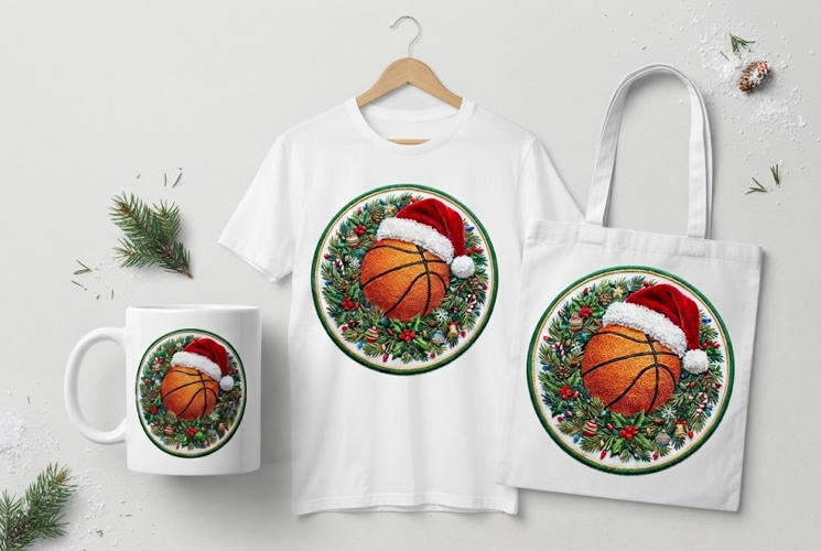 Embroidered Basketball Christmas Wreath Design with Santa
