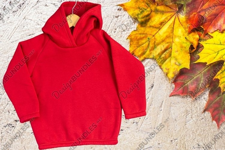 Red kids Hoodie Mockup on golden wood background