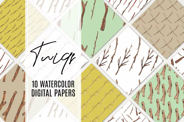 Wood Twigs Branches Seamless Patterns Digital Watercolor