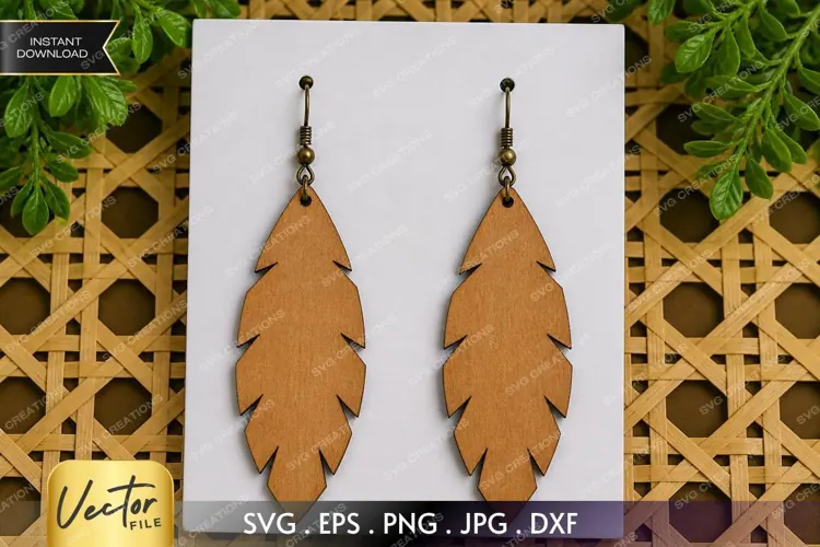 Feather Earring SVG Laser Cut File, Boho Leaf Wooden SVG