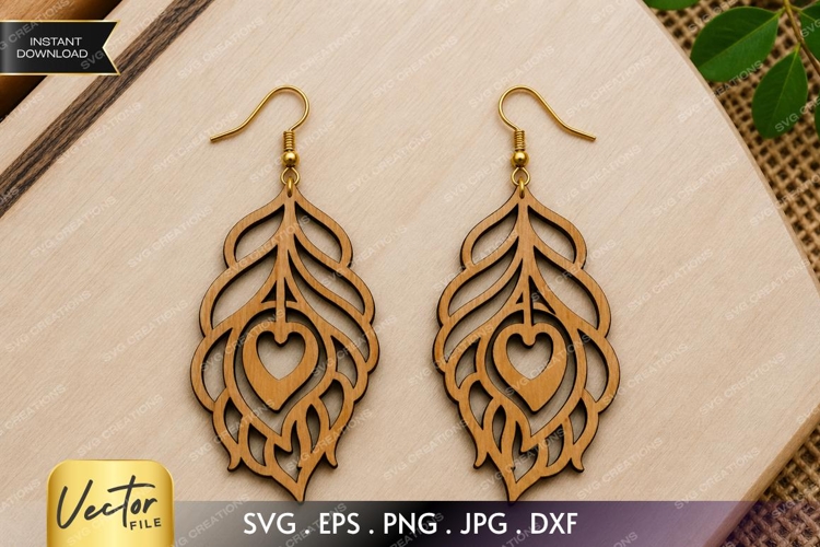 Layered Feather Heart Earrings SVG | Boho Feather Laser Cut example image 1