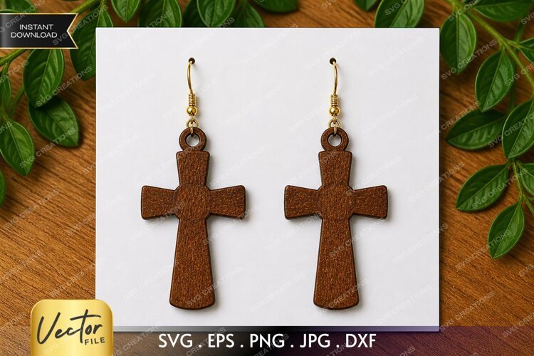Cross Earring SVG Laser Cut File, Christian Religious Wooden example image 1