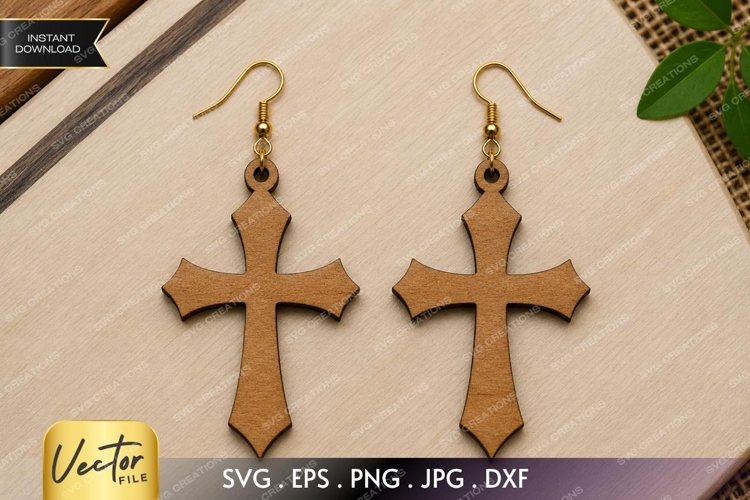 Curved Cross Earrings SVG| Laser Cut Earring example image 1