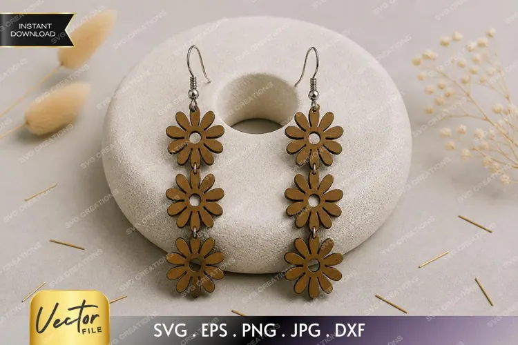 Daisy Flower Dangle Earring SVG Laser Cut File, Floral Boho