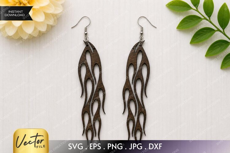 Fire Flame Earring SVG Laser Cut File, Fiery Boho Dark Wood example image 1
