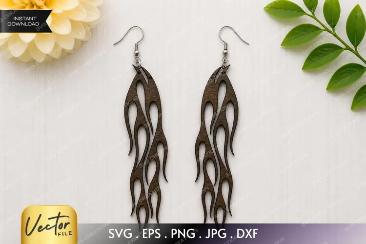 Fire Flame Earring SVG Laser Cut File, Fiery Boho Dark Wood