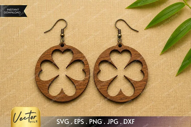 Four Leaf Clover Cutout Earring SVG Laser Cut File, Lucky