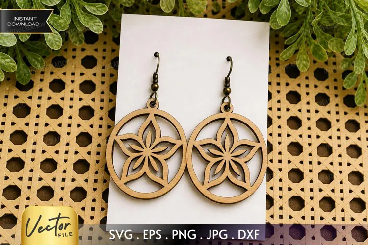Five-Petal Floral Mandala Circle Drop Earring Cut File