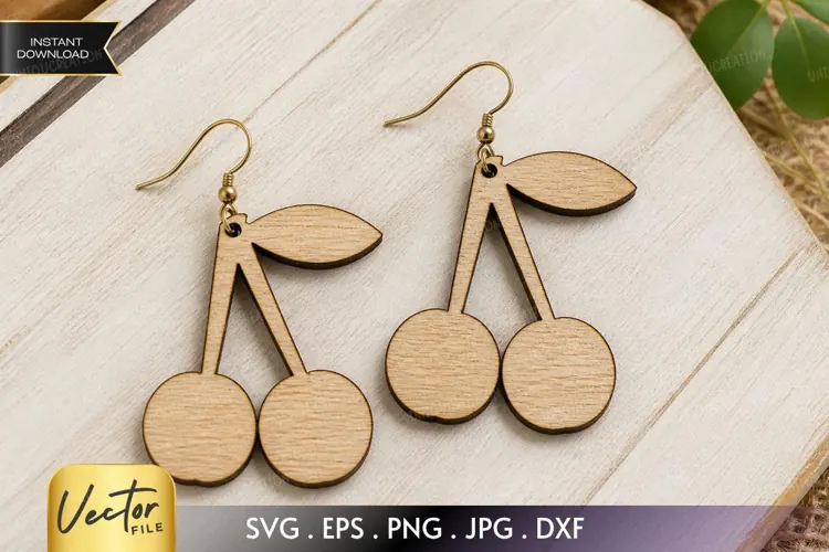 Wooden Twin Cherry Stem Drop Earring Cut File