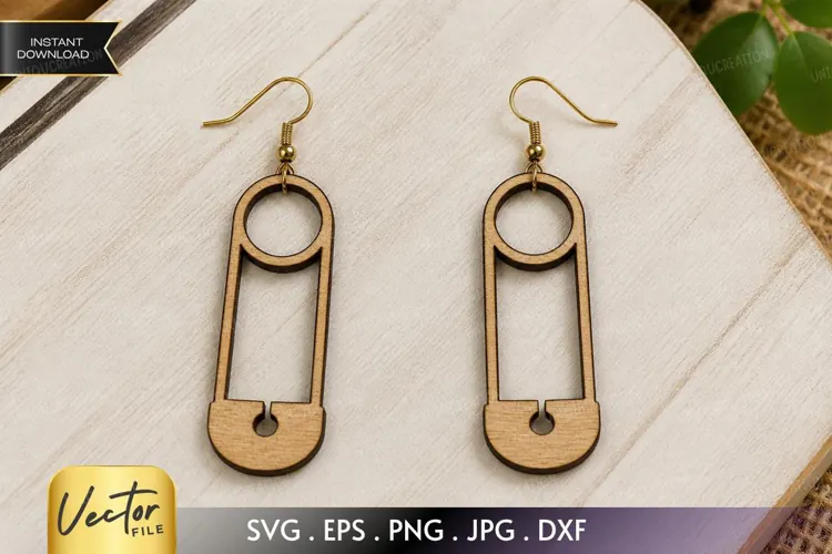 Safety Pin Wooden Earring SVG Laser Cut File, Punk