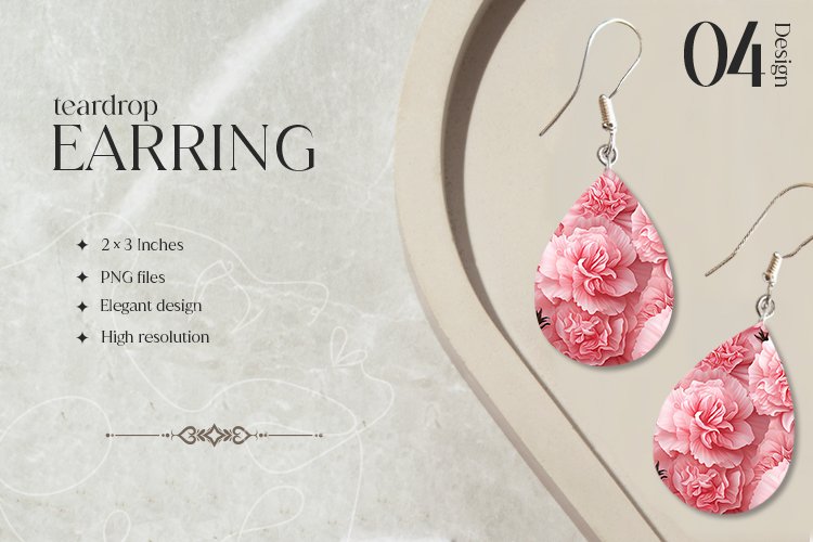 Carnations Teardrop Earring Sublimation Design example image 1