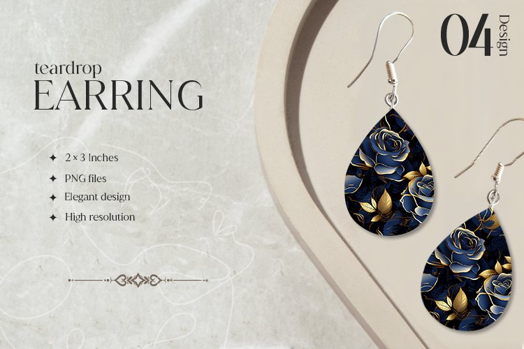 Blue Gold Roses Teardrop Earring Sublimation Design
