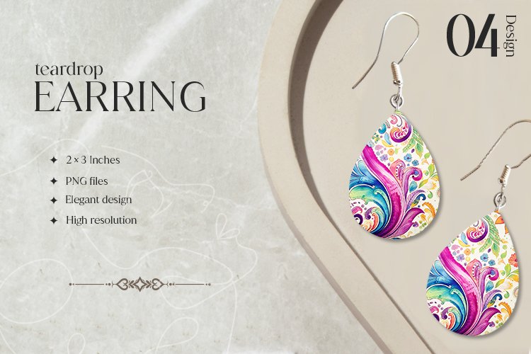 Watercolor Paislays Teardrop Earring Sublimation Design