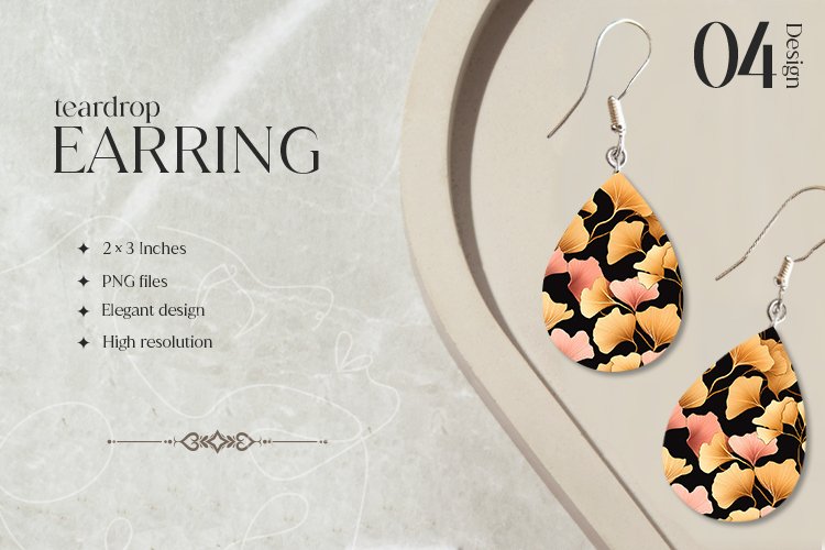 Gold Ginko Teardrop Earring Sublimation Design