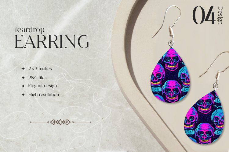 Neon skull Teardrop Earring Sublimation Design