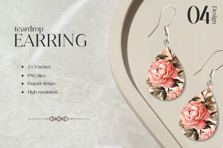 Peonies Flower Teardrop Earring Sublimation Design