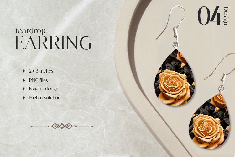 Black Gold Roses Teardrop Earring Sublimation Design