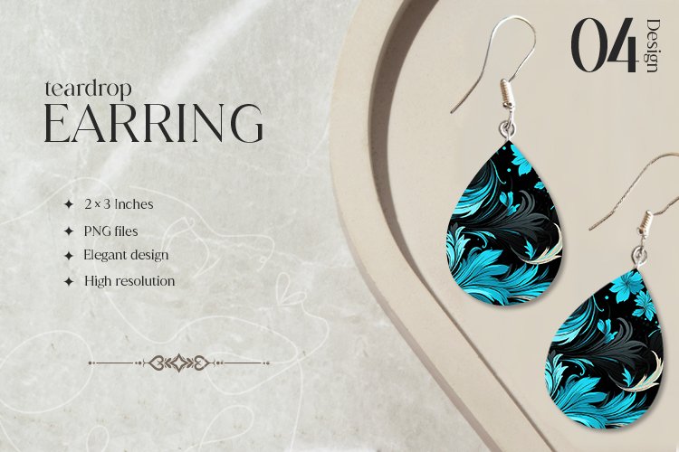 Black Teal Flower Teardrop Earring Sublimation Design