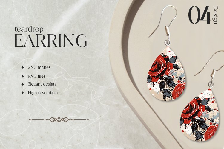 Painted Rose Teardrop Earring Sublimation Design