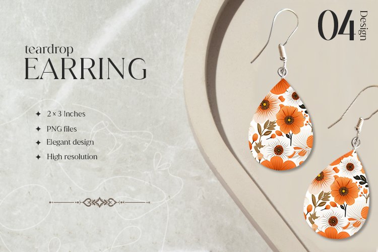 Orange Flowers Teardrop Earring Sublimation Design