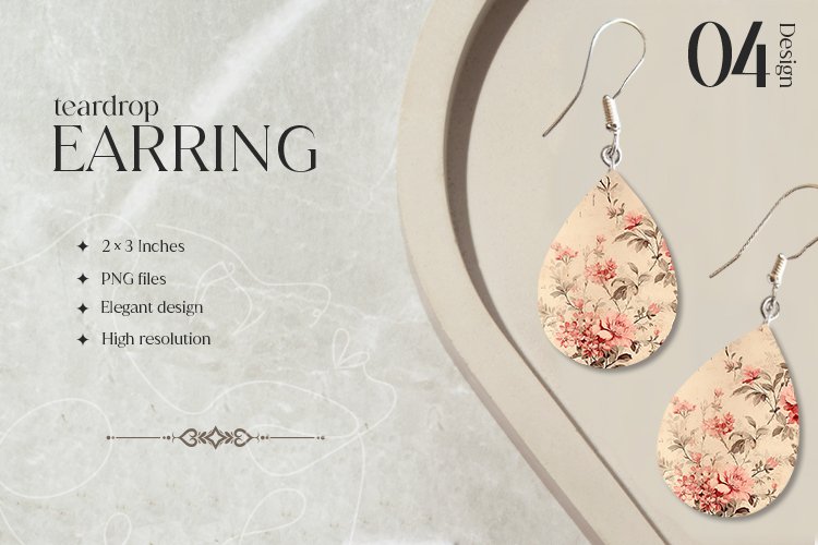Shabby Flower Teardrop Earring Sublimation Design