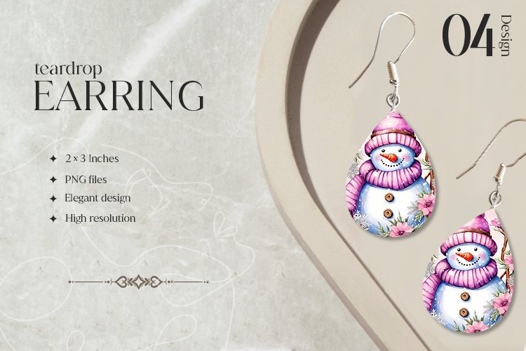 Watercolor Snowman Teardrop Earring Sublimation Design