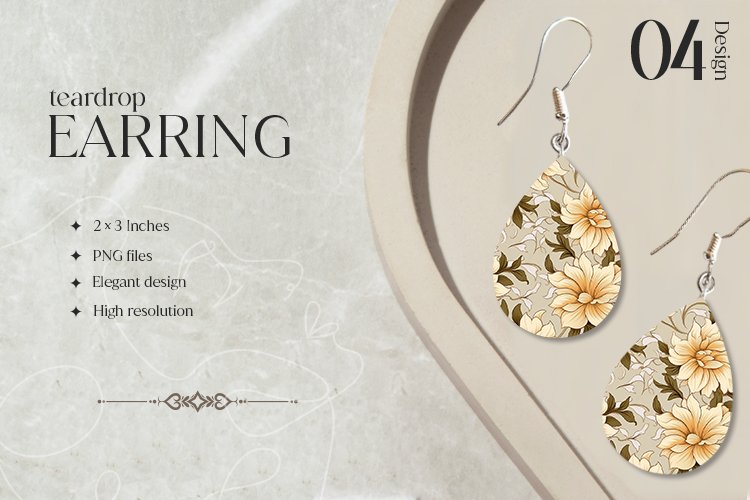 Beige flowers Teardrop Earring Sublimation Design