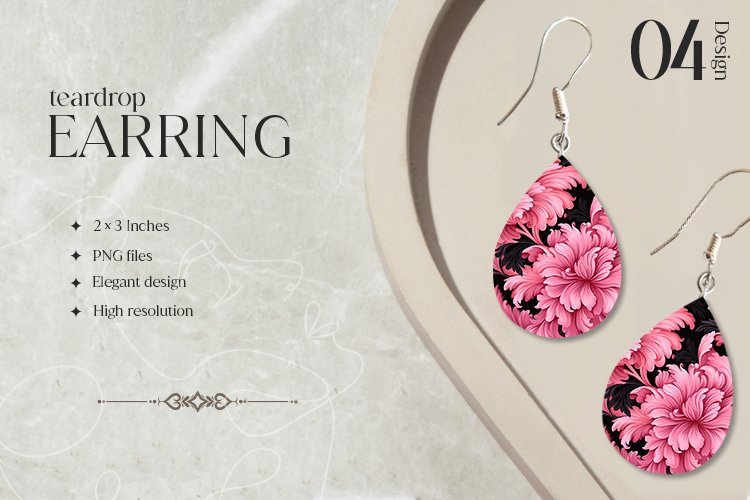 Black and Pink Flower Teardrop Earring Sublimation Design