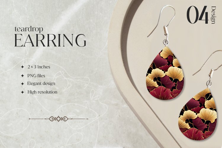 Burgundy Ginko Teardrop Earring Sublimation Design